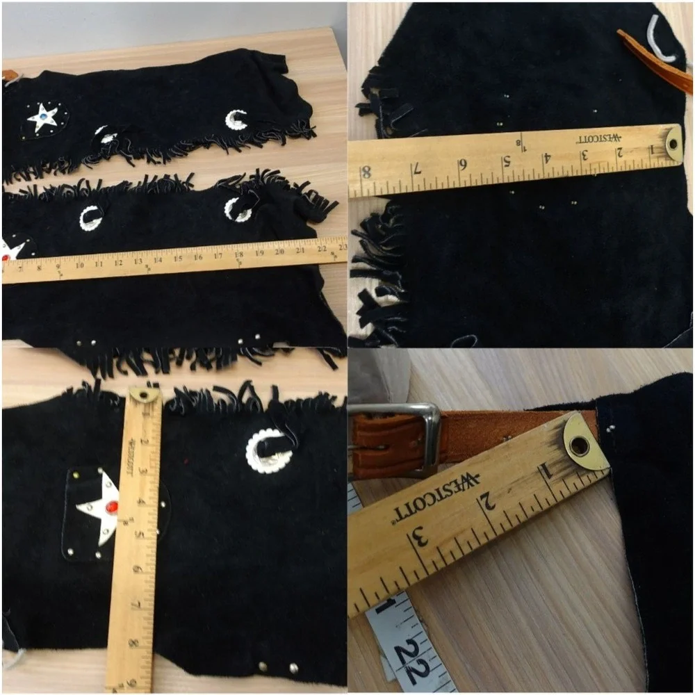 Vintage Cowboy‎ Vest Chaps Set Boys M Black Suede Studded Fringe Halloween USA